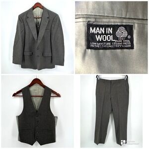 Man In Wool 3-Piece Wool Suit Gray Size  42R 32X39.5 Business Wedding